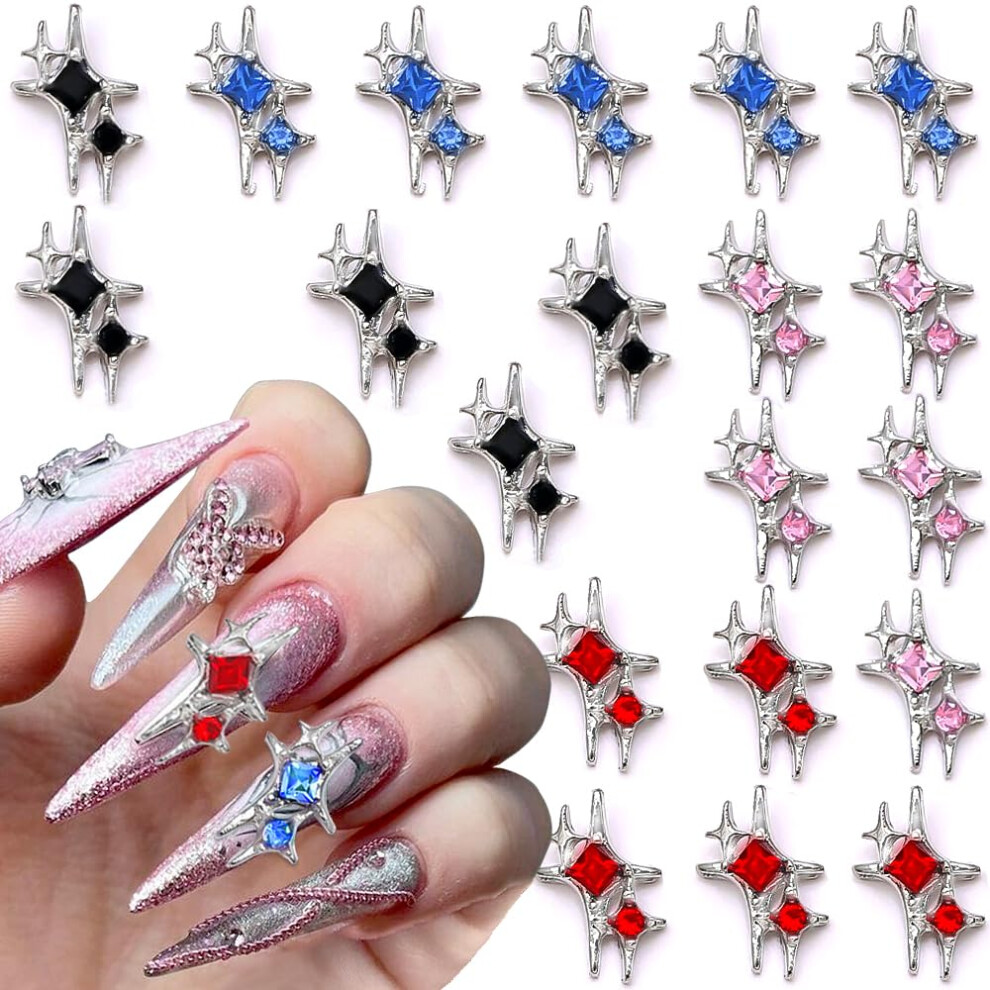 Pink/Blue 20Pcs Triple Star Nail Charms Colorful Rhinestone Metal Jewels For Acrylic Diy Nail Art