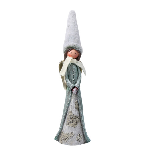 Betende Mädchenstatue mit Plüsch-Langhut, Kunstharz,-Blau