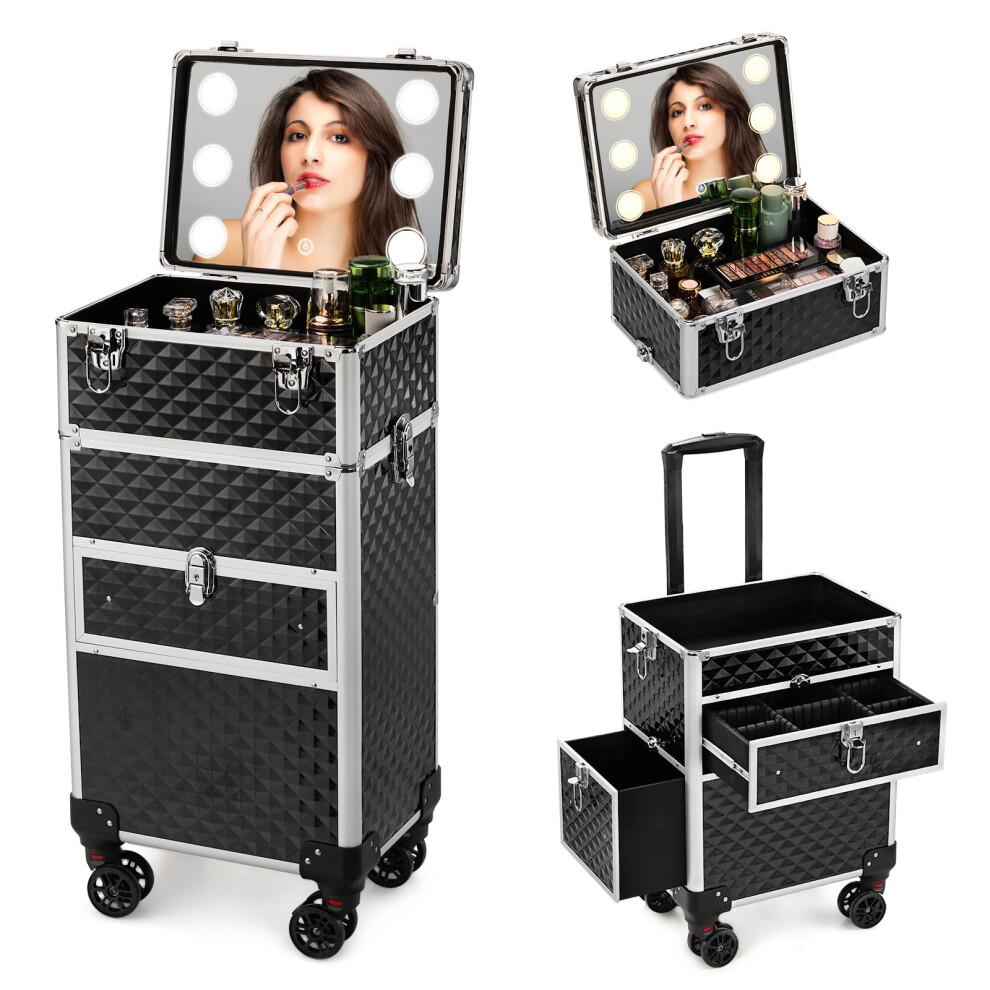 Black Rolling Makeup Case With Led Lighted Mirror, 3In1 Lockable Trolley With Drawers,