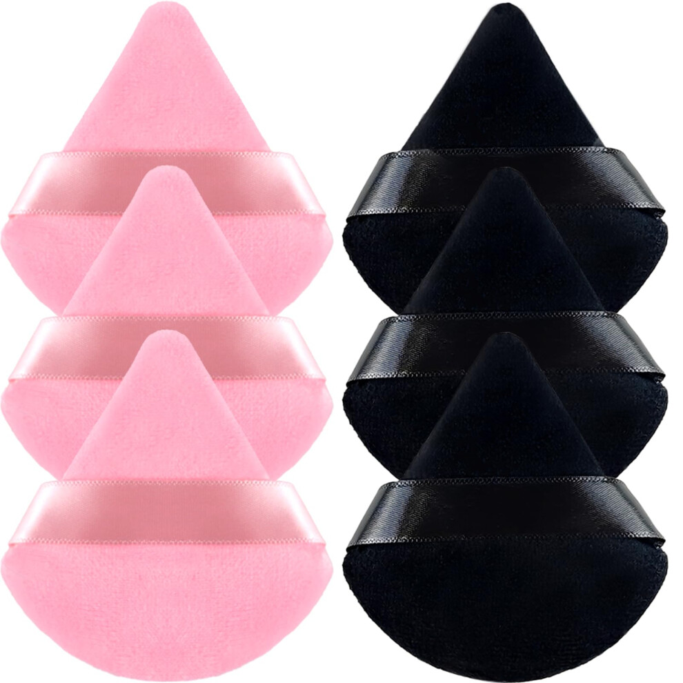 Pink/Black 6Pcs Triangle Powder Puff Set For Foundation And Loose Powder, Soft Wetdry Makeup Sponge With Ribbon Handle, And