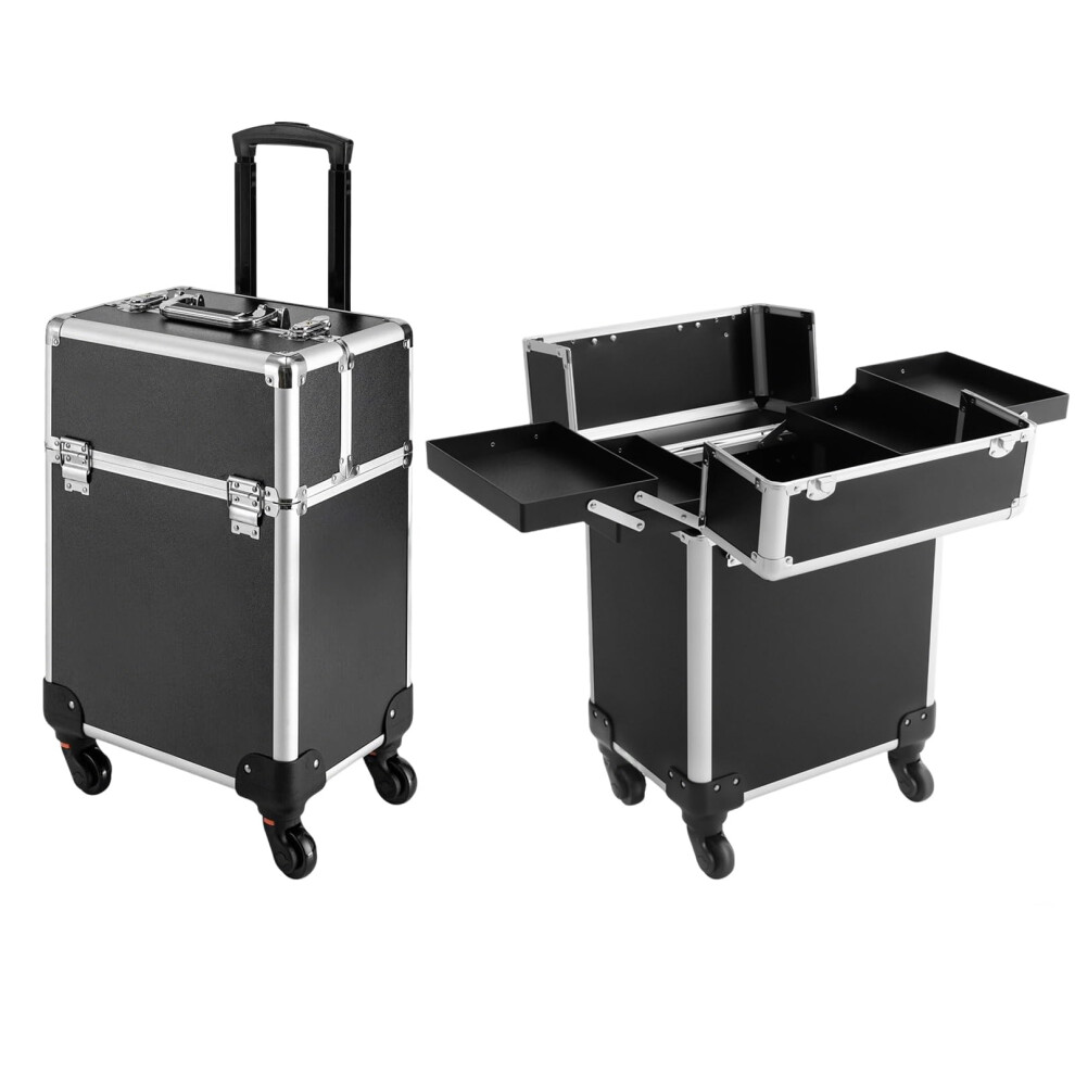 Black Rolling Makeup Train Case With Secure Alloy Lock, Large Capacity Trolley For Travel,