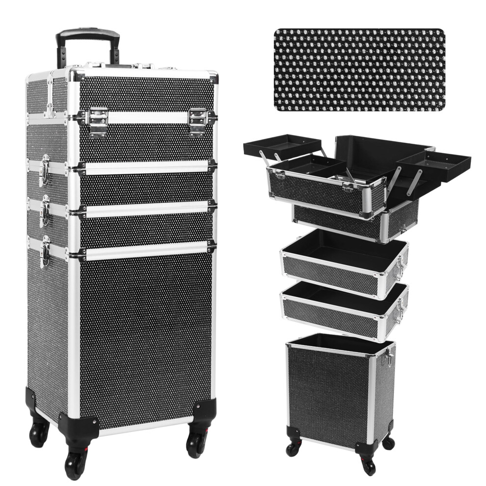 Black Rolling Makeup Train Case 5In1 Lockable Cosmetic Trolley With Wheels Crystal Finish