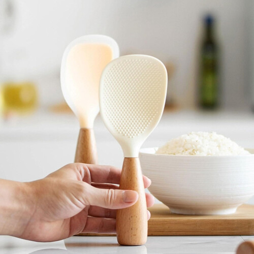 Silicone Cooking Spoon Heat Resistant NonStick Rice Paddle with Wooden Handle for Kitchen Use 1