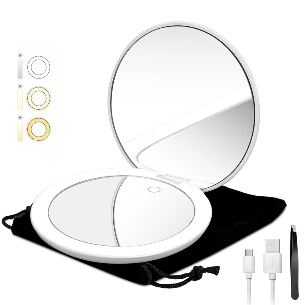 Lighted Travel Mirror with 1X 10X Magnification, 5 Inch LED Makeup Mirror, Rechargeable Touch Dimming