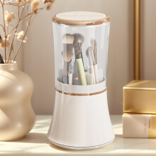 Makeup Brush Holder with Lid Dustproof Organizer for Vanity Storage White Rose Gold Accents