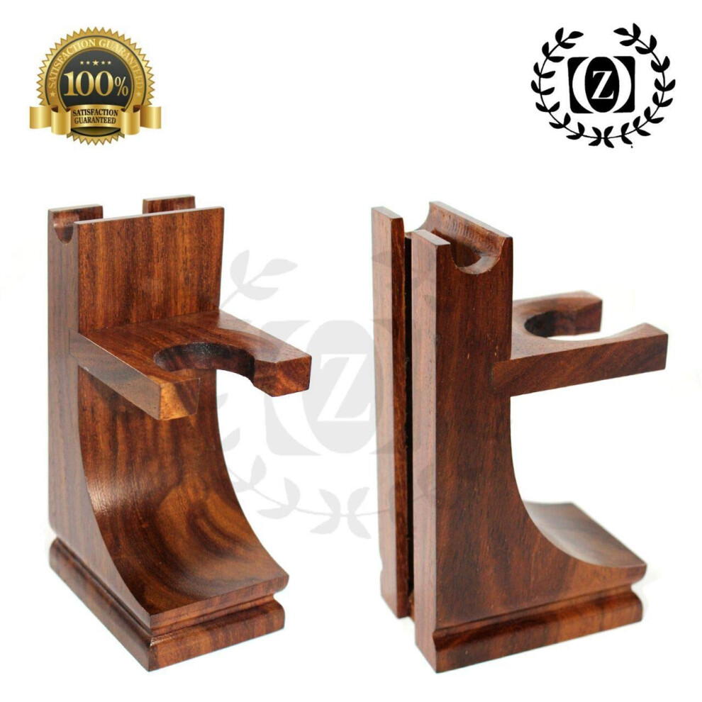 Classic Wooden Shaving Stand with Brush Holder, Walnut Finish Razor and Brush Display