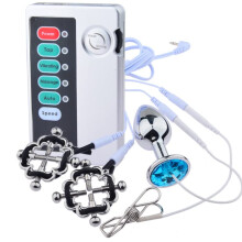 Adjustable Nipple Clamps And Metal Anal Plugs And Butt Plugs Electric Shock Stimulator Set For Men And Women (B)