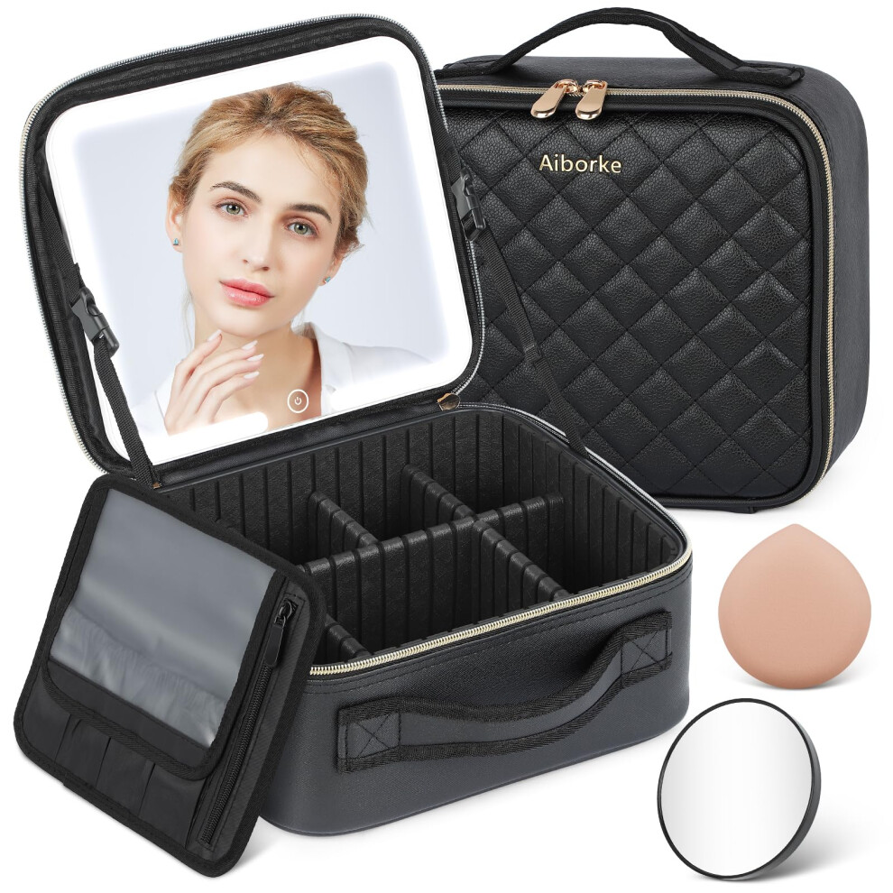 Black Travel Makeup Bag With Rechargeable Led Mirror, Adjustable Dividers, Waterproof Pu Leather,