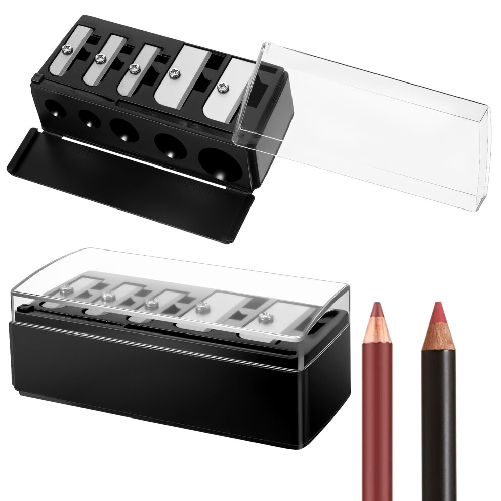 Black 5 Hole Makeup Pencil Sharpener With Dual Holes And Lid For Eyebrow, Lip And Eyeliner Pencils