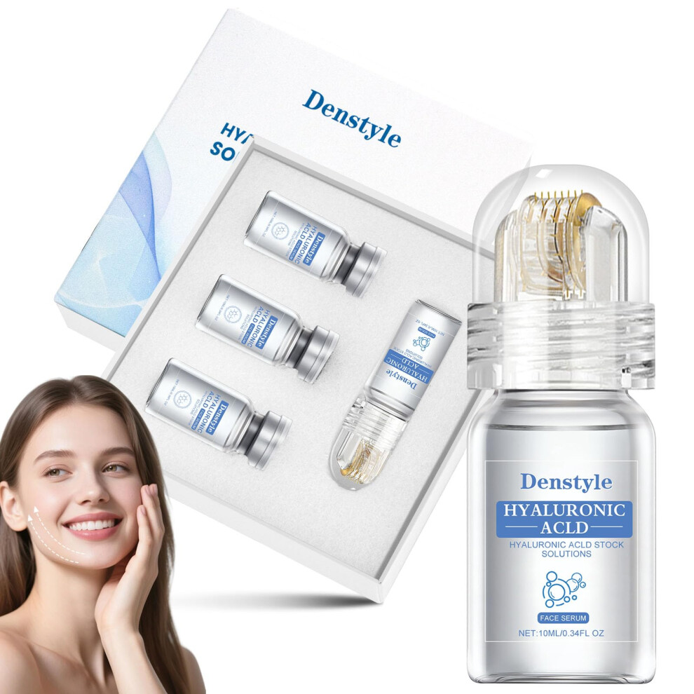 Microneedling Kit with Hyaluronic Acid and Collagen for Face AntiAging Hydration, 1 Roller 4 Serums