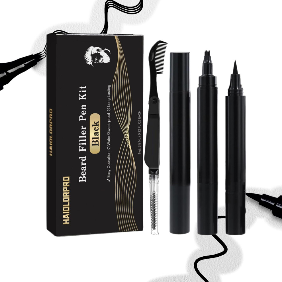 Black Beard Filler Pen Beard Pencil Kit For Men, Waterproof Longlasting Dualhead With Brush,