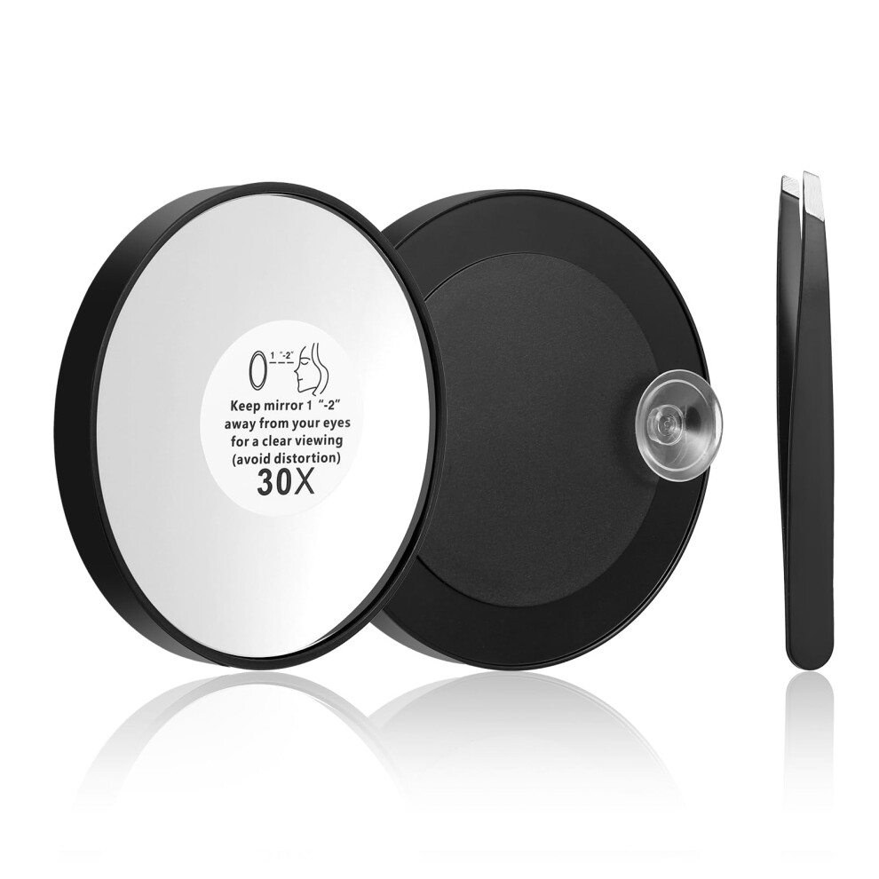 30X Magnifying Makeup Mirror with Suction Cups and Tweezers, Travel Compact for Precise Grooming