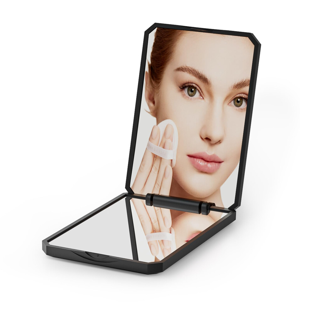 Pocket Mirror with 1X 2X Magnification, Magnetic Closure Travel Makeup Mirror for Purse, Black