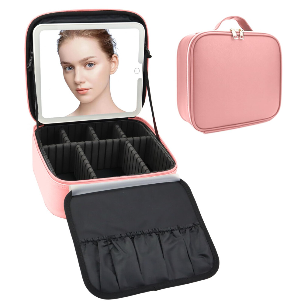 Travel Makeup Bag with LED Mirror, Adjustable Dividers, Brush Storage, Large Pink Organizer