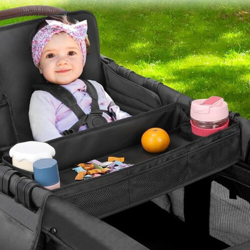 Stroller Snack Tray, Adjustable and Detachable With Cup Holder, Easy Clean Snack and Drink Tray For Strollers 1