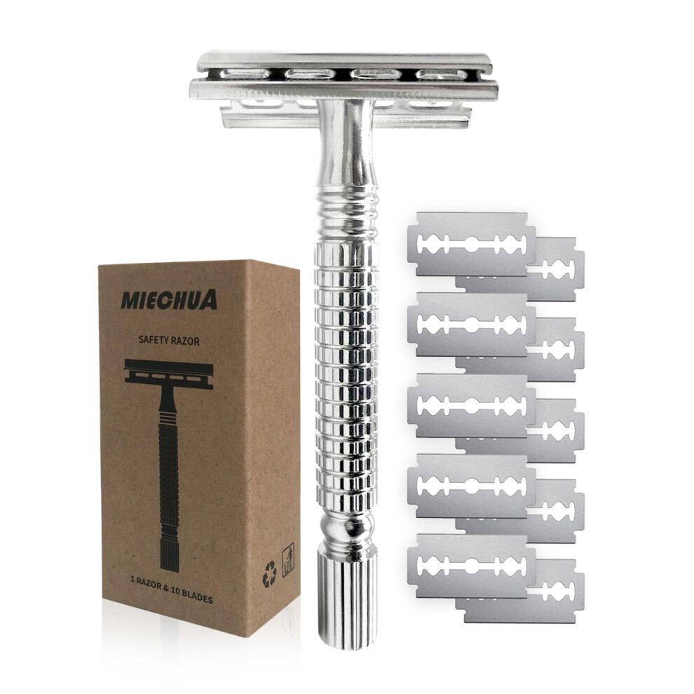 Safety Razor with 10 Platinum Blades, Double Edge Stainless Steel for Smooth Zero Waste Shave