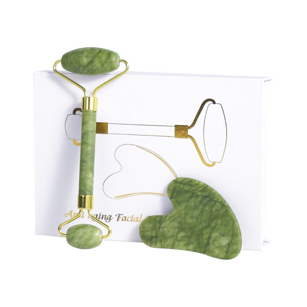 Green Jade Roller And Gua Sha Set For Skin Tightening, Face Lifting And Antiaging Massage