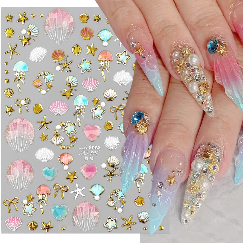 Golden Summer Ocean Nail Art Stickers with Starfish Seashell Designs, SelfAdhesive Beach Decals