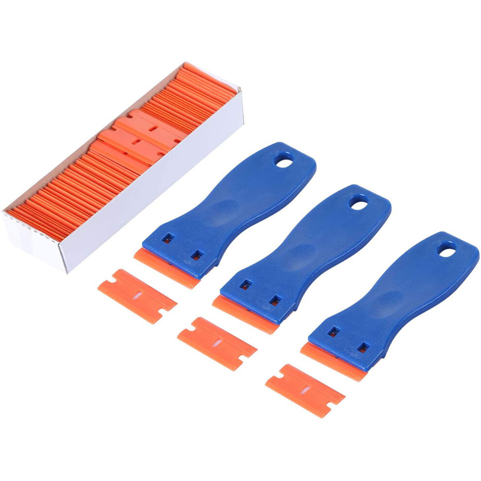 3Pcs Plastic Razor Blade Scrapers & 100 Pcs 1.5 Inch Double Edge Plastic Razor Blades For Auto Window Tint Vinyl Tool 6133869912635