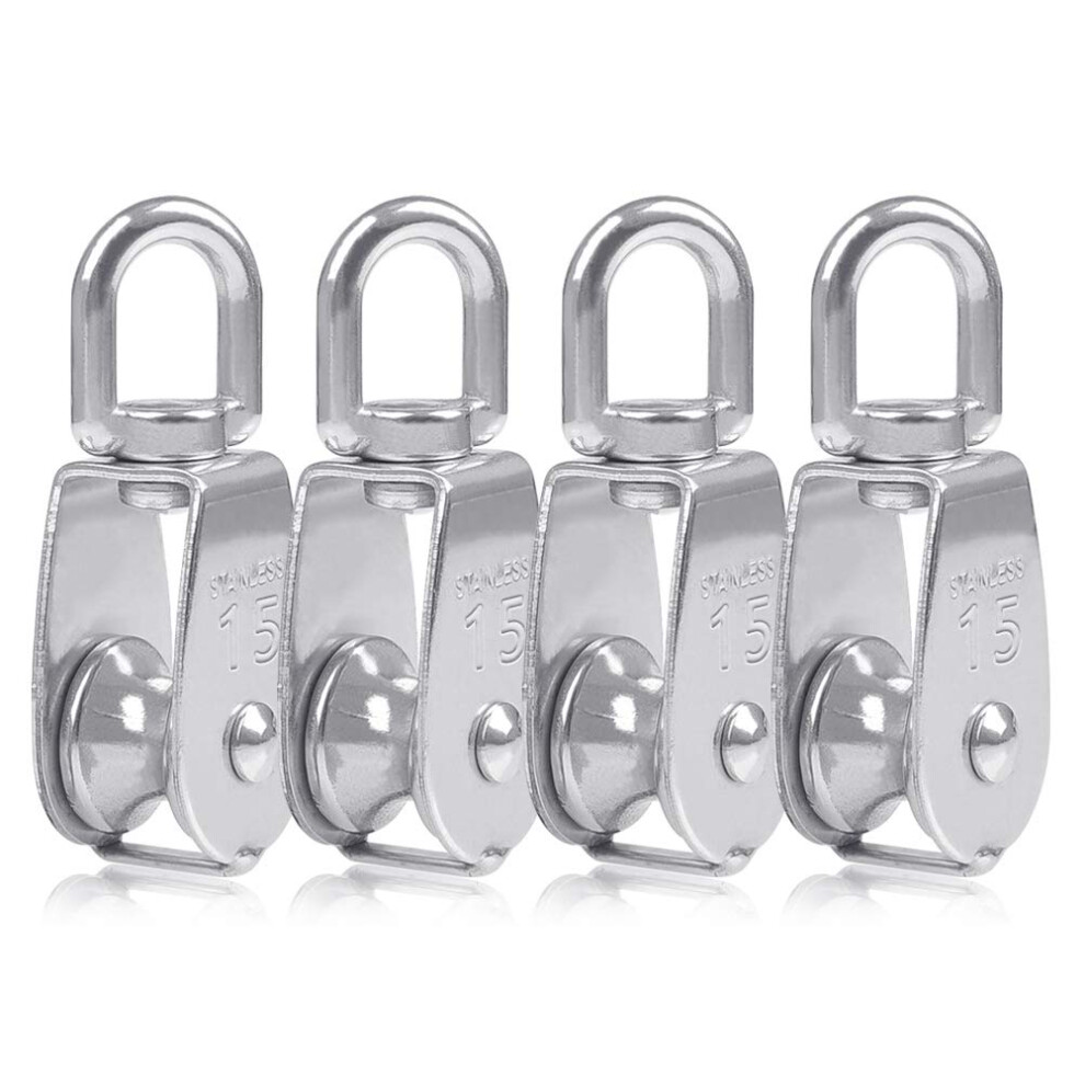4Pcs Single Pulley Block M15 Stainless Steel Small Pulley Roller For Rope Cord In Outdoor 360Swivel Silver Pulley 6132671321185