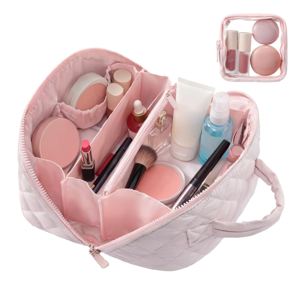 Pink Makeup Bag Waterproof Large Capacity Travel Cosmetic Organizer With 180 Layflat Opening