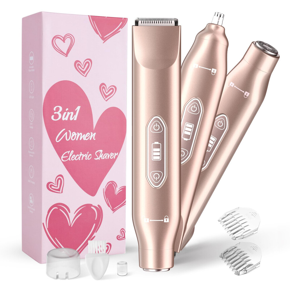 Bikini Trimmer and Electric Razor for Women, 3in1 IPX7 Waterproof Painless Hair Removal, USBC Rechargeable for Face Body Bikini Area