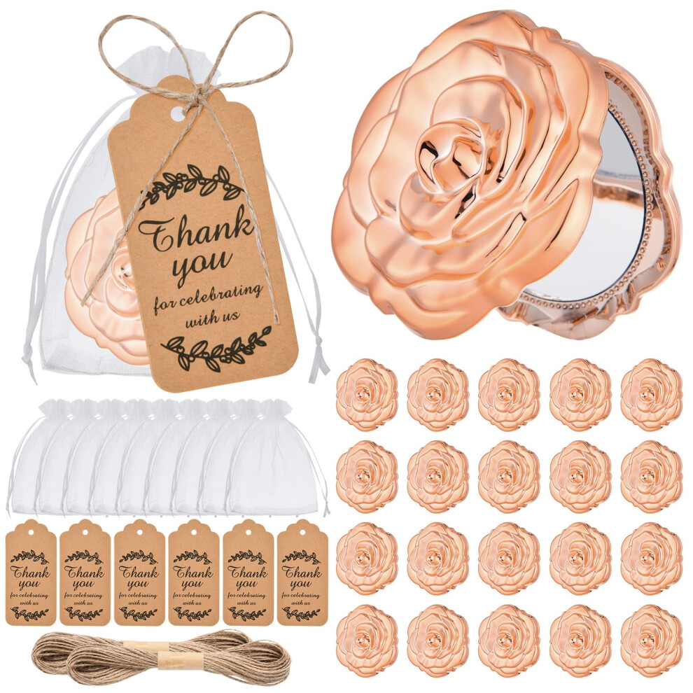Gold 24 Pcs Rose Compact Mirror Bulk Wedding Party Favors For Guests, Rose Shape Dual Mirrors