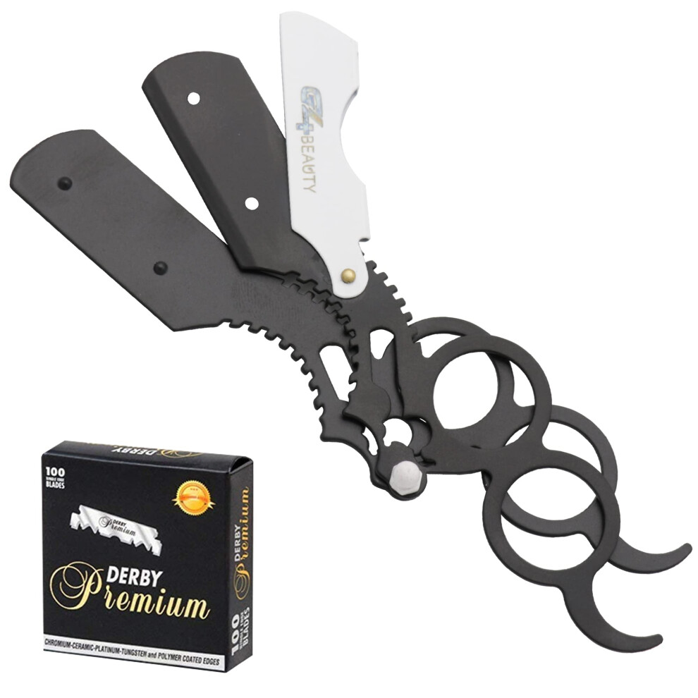 Professional Straight Edge Razor for Men with 100 Blades, Double Ring Barber Razor White Black