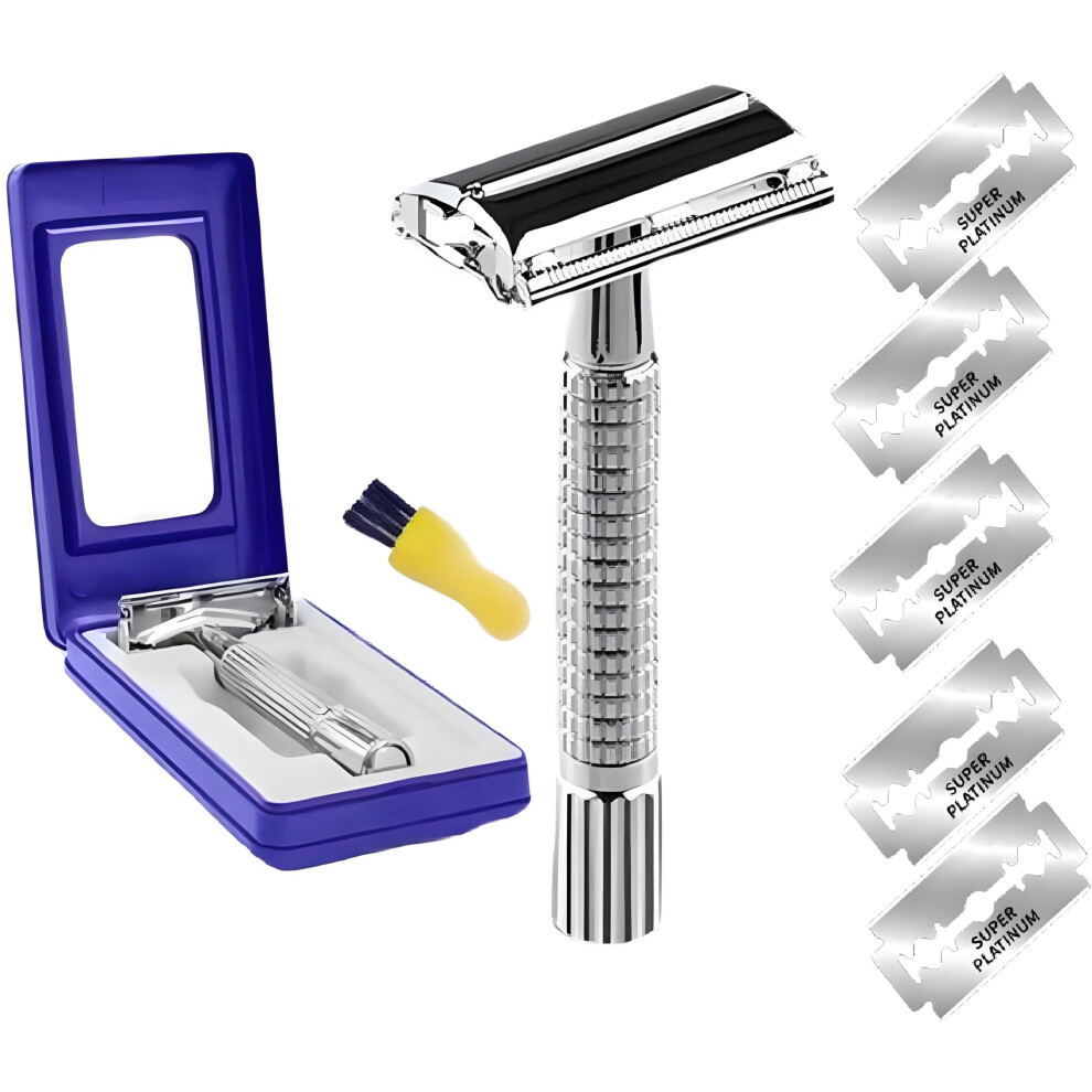 Double Edge Safety Razor for Men and Women with 5 Platinum Blades and Ergonomic Handle
