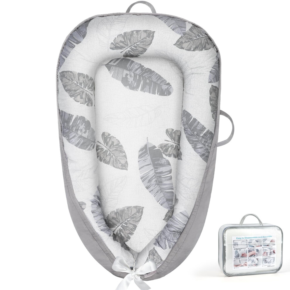 Baby Lounger With Breathable Cotton Cover, Soft Infant Nest For Newborns, Feather Design Grey