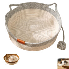 Woven Rope Cat Basket HandWoven, With BuiltIn Scratching Mat And Ball Toy, Cotton Rope Cat Bed Gray Small