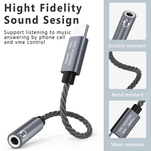 32bit/384kHz USB-C auf 3,5 mm Audio-Adapterkabel DAC-Adapter Grey 2