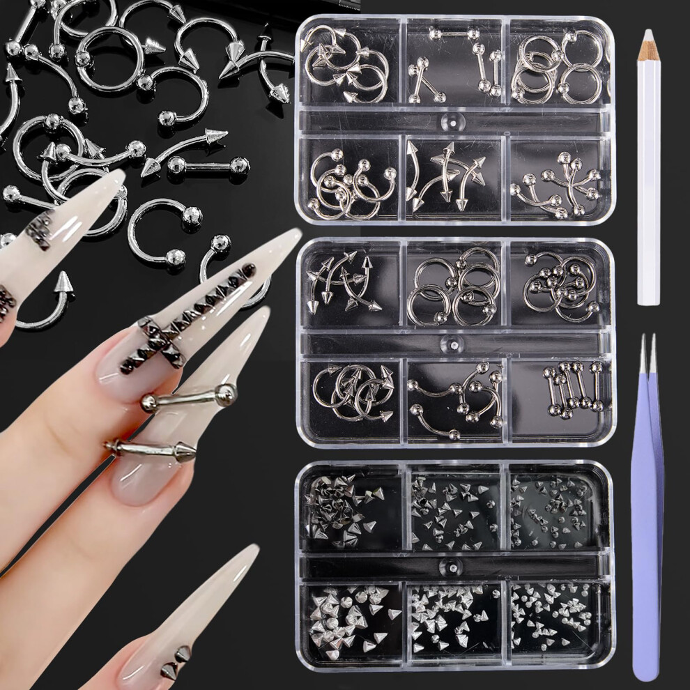 3 Boxes Gothic Metal Nail Charms and Gunmetal Spike Studs Alloy Rivets for Nail Art Design
