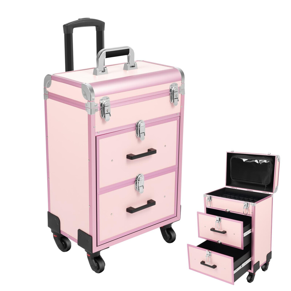 Pink Rolling Makeup Case With 2 Large Drawers, Professional Cosmetic Trolley With Wheels For Travel Â