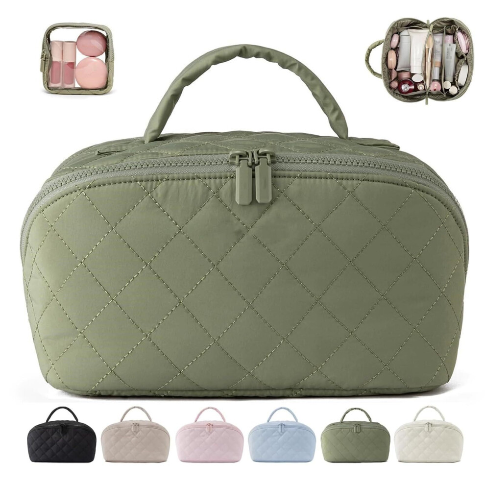 Green Travel Makeup Bag Set, Large Waterproof Pu Leather Cosmetic Organizer With 180 Layflat Opening,