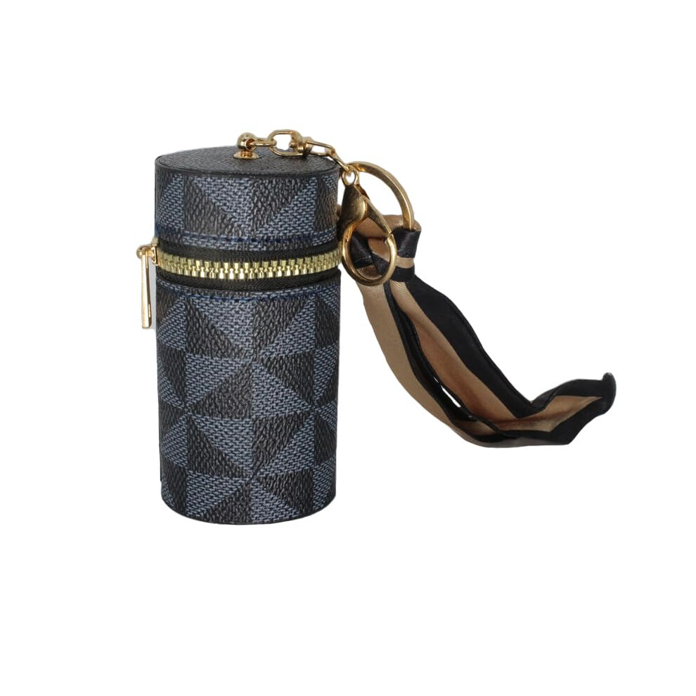 Lipstick Organizer with Keychain, Compact Cylindrical Travel Makeup Case, Black Geometric Pattern