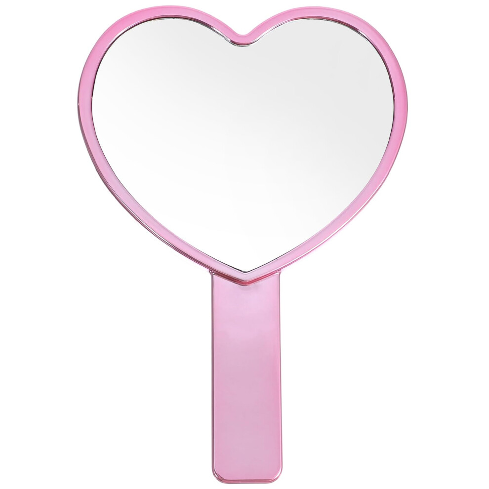 Heart Shaped Handheld Mirror Pink Ripple Design with Handle for Travel Makeup and  Reflection