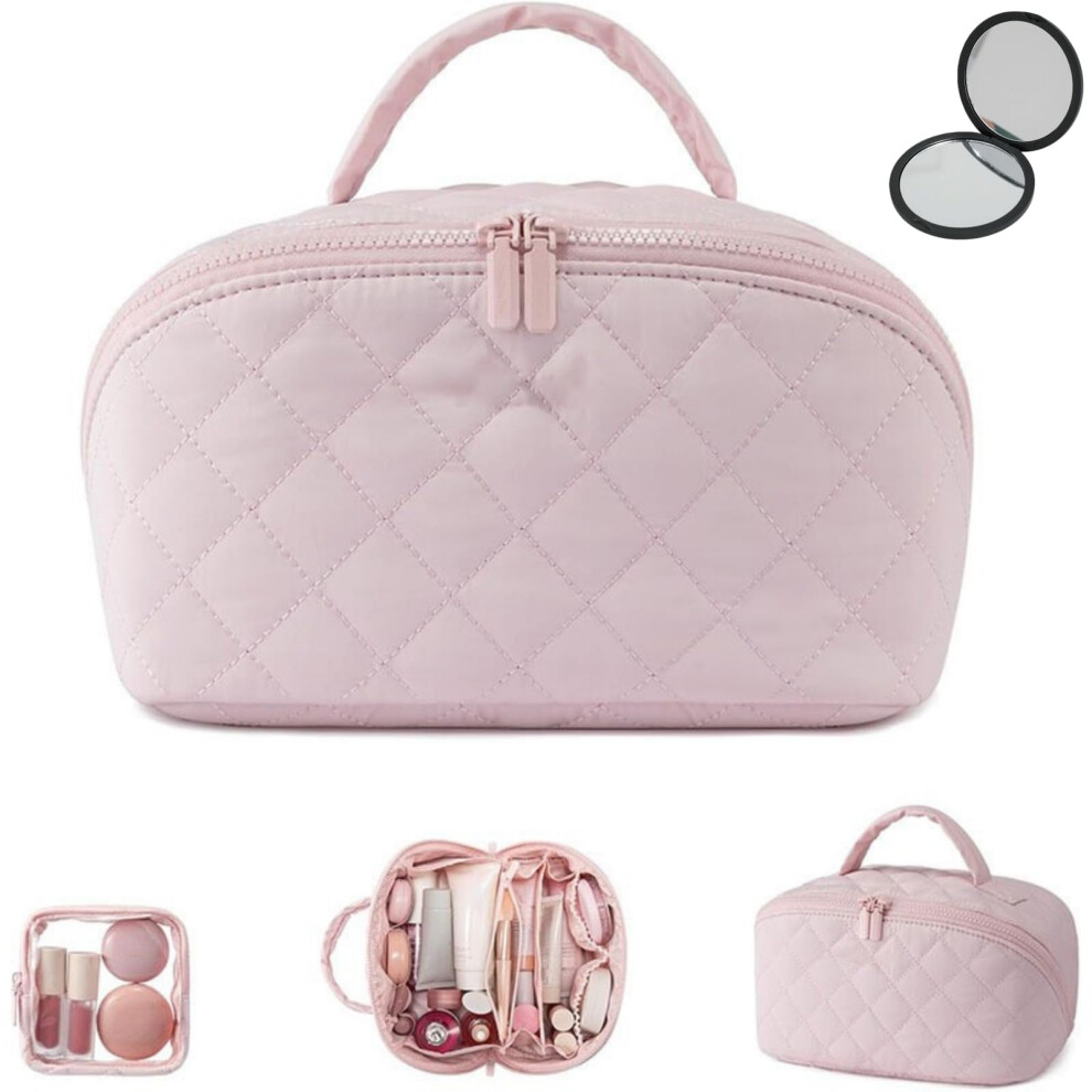 Pink Travel Makeup Bag With 180 Layflat Opening, Large Capacity Waterproof Organizer For Toiletries And Brushes,