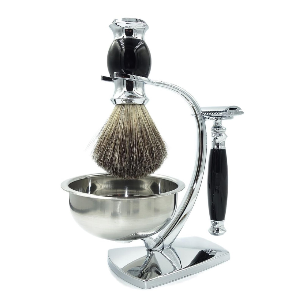 Safety Razor Shaving Kit with Badger Brush Bowl Magnetic Stand 10 Blades Chrome Finish