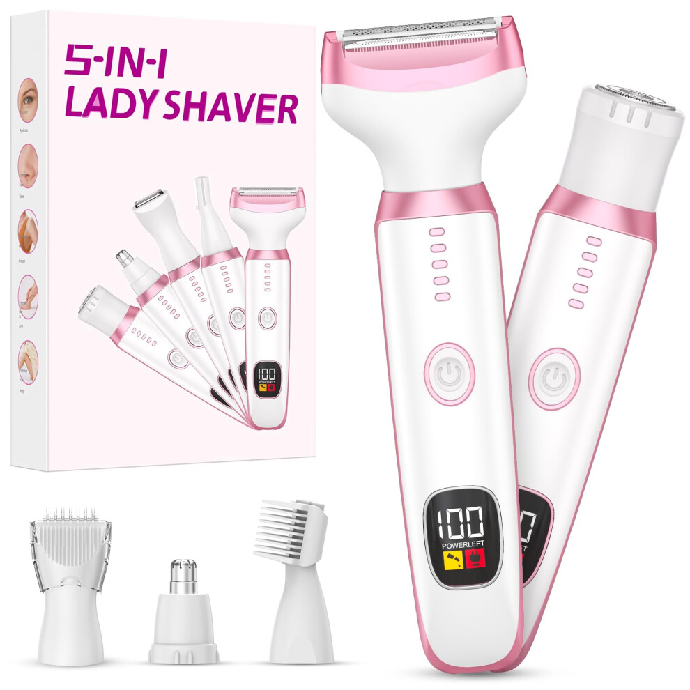 Women's Electric Shaver and Bikini Trimmer, 5in1 Waterproof Wet Dry Razor with LED Display, USBC Charging