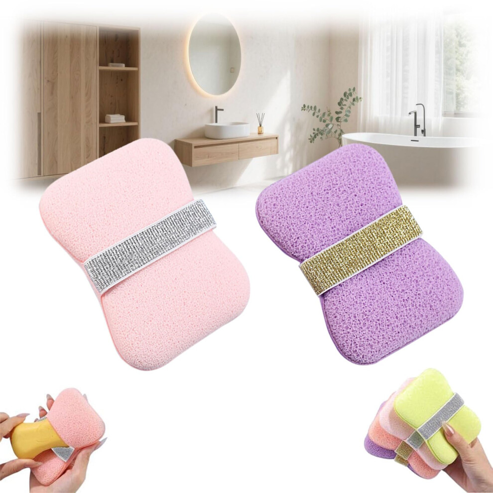 DoubleSided Bath Sponge for Women and Men, 2in1 Shower Exfoliating Bag with Mesh Soap Pouch, Light Pink and Purple 2pcs