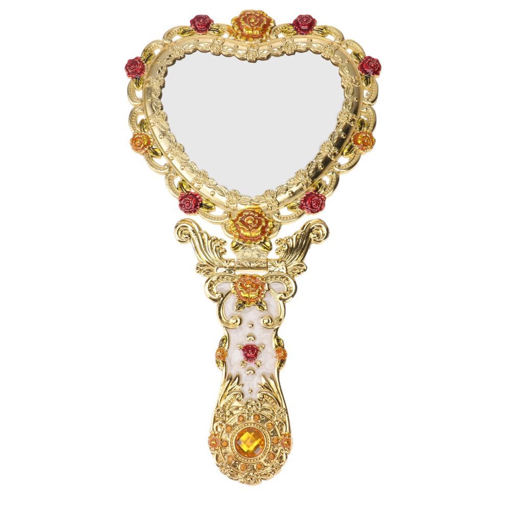 Vintage HeartShaped Handheld Mirror with Foldable Handle, Golden Decorative Makeup Mirror for Women