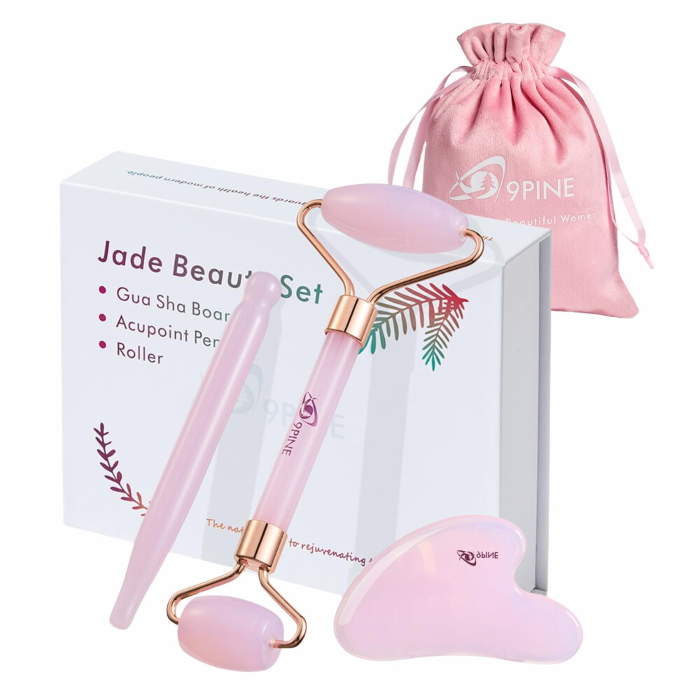 Pink Jade Roller And Gua Sha Set For Facial Massage, Cooling Antipuff Effect, Contour Sculpting Therapy