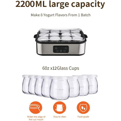 Electric Yogurt Maker with Automatic Temperature Control, Digital Timer and 12 Glass Cups 2