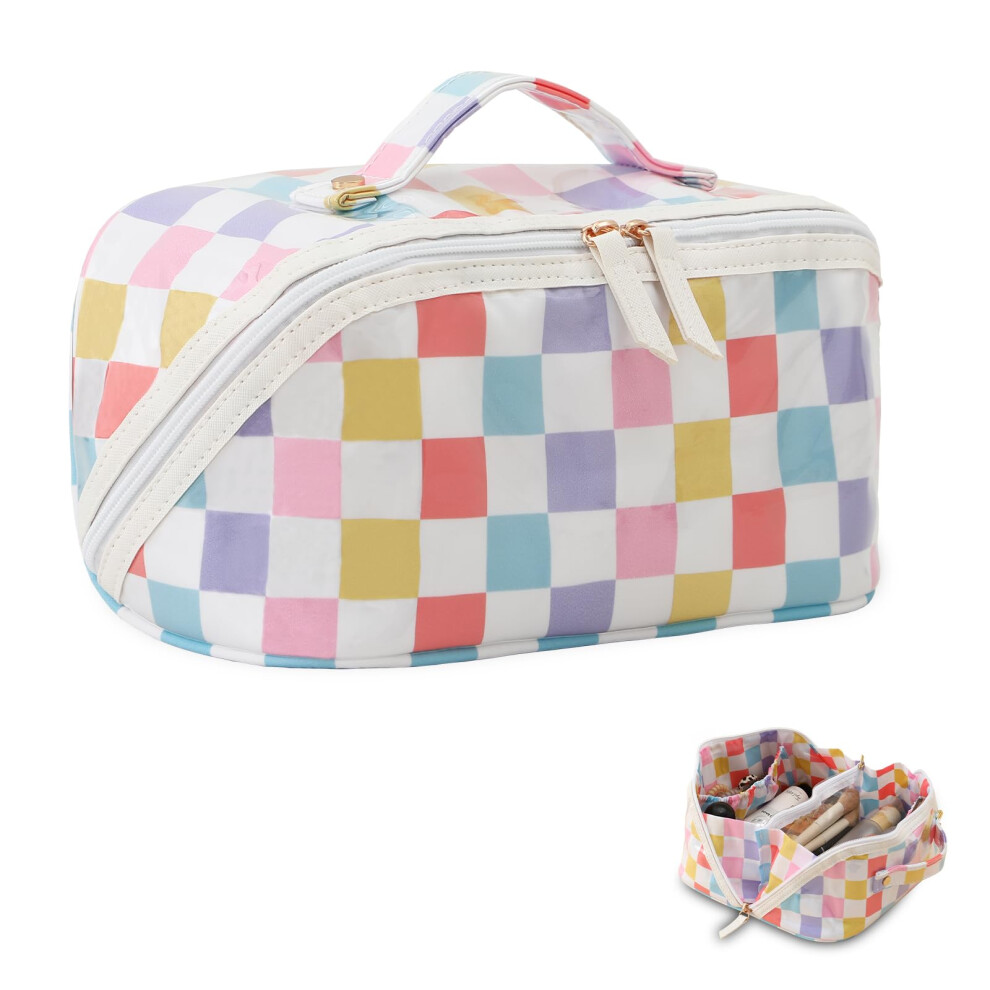 Waterproof Travel Makeup Bag with Compartments, Clear PVC Cosmetic Organizer for Women, Rainbow Gingham