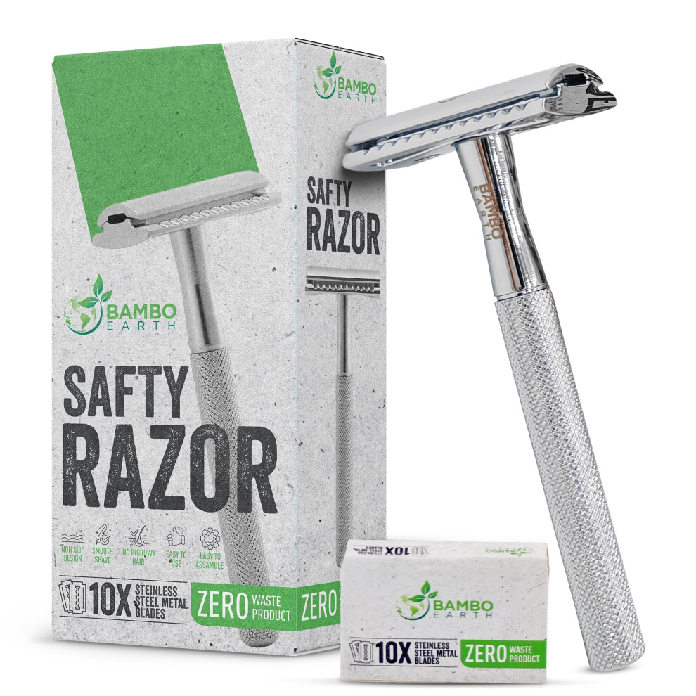Double Edge Safety Razor with 10 PlatinumCoated Stainless Steel Blades, Eco Zero Waste Shaving Set