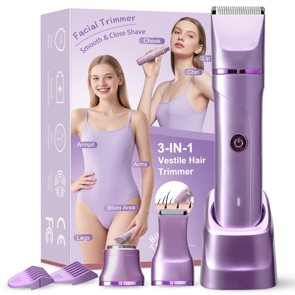 Electric Bikini Trimmer with 3in1 Grooming, Waterproof Women's Electric Shaver, Ceramic Blades