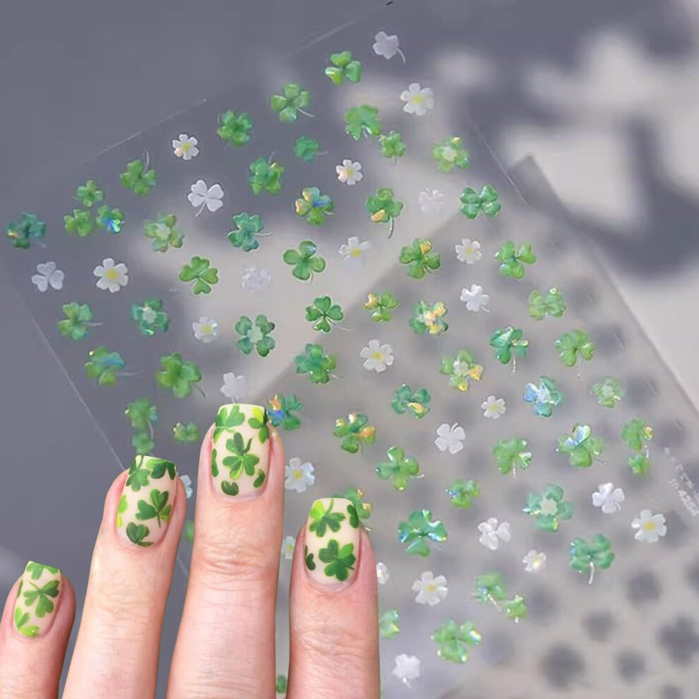 Green 2Pcs St. Patrick's Day Nail Stickers 5D Embossed Shamrock Decals Clover Nail Art For Women