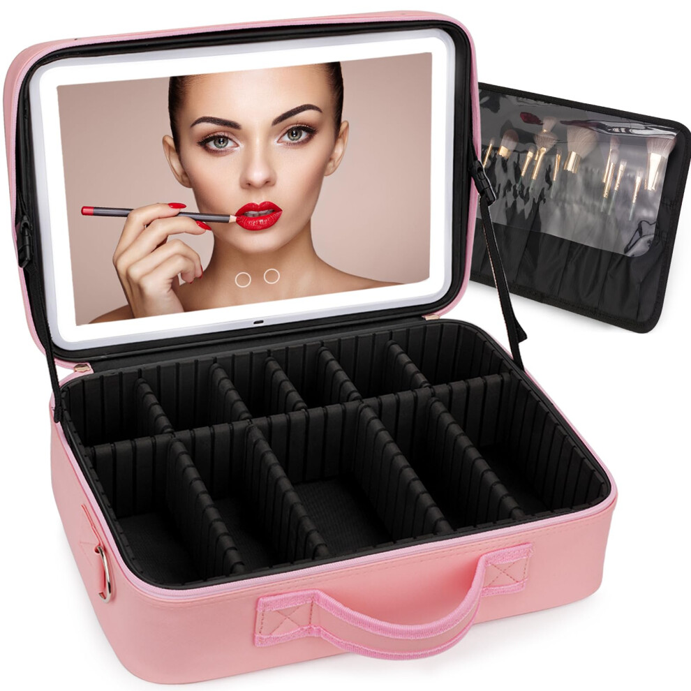 Lighted Makeup Train Case with Adjustable Mirror, Large Waterproof Cosmetic Organizer for Travel Pink