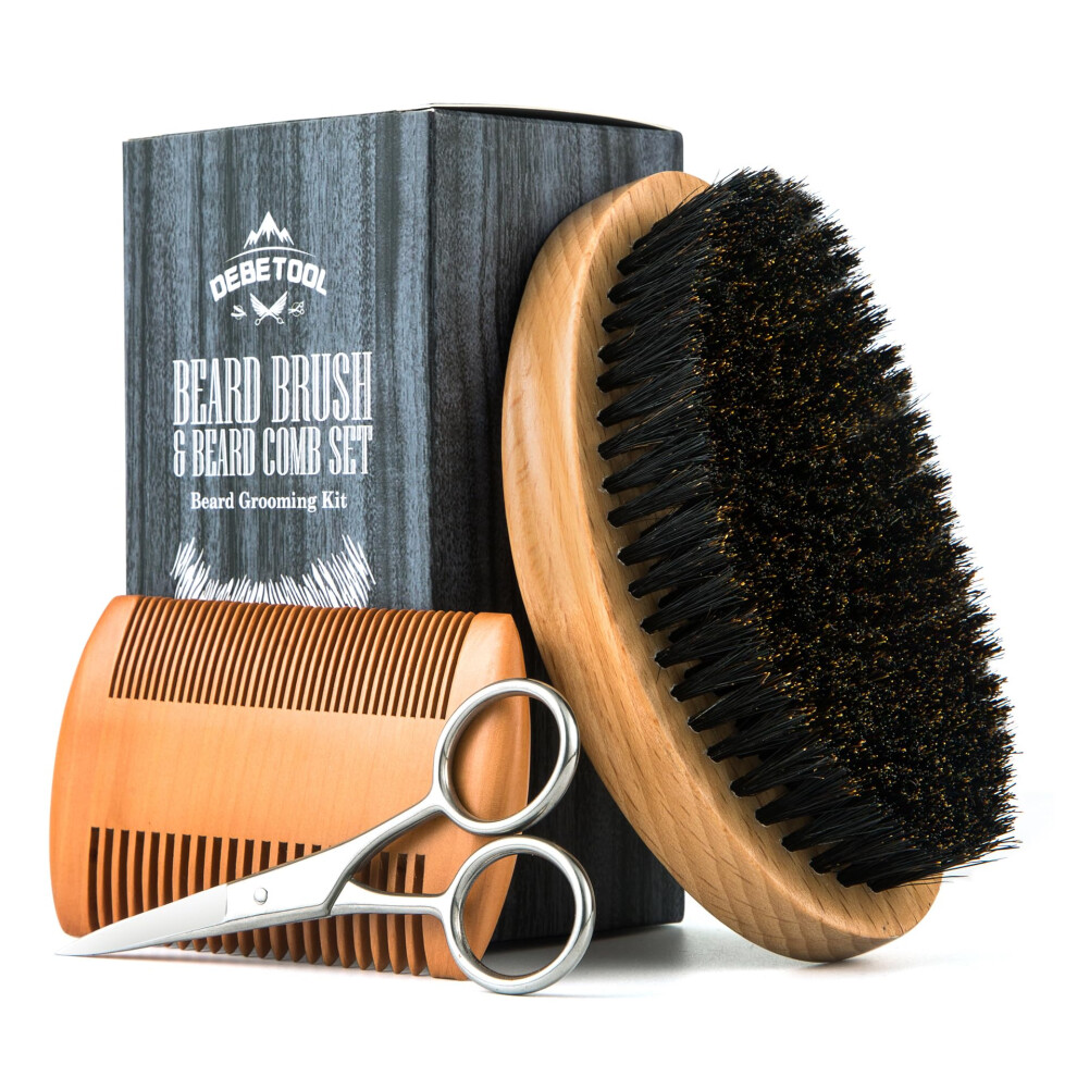 Beard Grooming Kit with Boar Bristle Brush, Wooden Comb, Ergonomic Handle and Professional Scissors